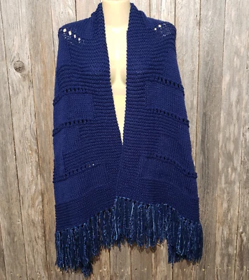 NEW Navy Blue Mix Stitch Hand Knit Knitted Shawl Wrap Scarf Eyelet Topper - Image 1 of 4