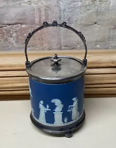 Antique WEDGWOOD Jasperware Covered Biscuit Jar James Deakin Silverplate Holder - Picture 1 of 9