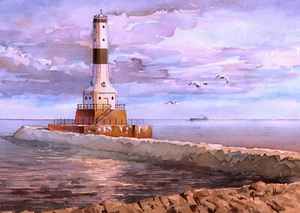 Conneaut West Breakwater Light, Lake Erie, Ohio. James Mann Aquarelldrucke - Bild 1 von 2