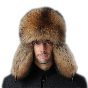 Men's Real Fox Fur Bomber Hat Real Sheepskin Warm Earmuffs Cap Brown Black Blue