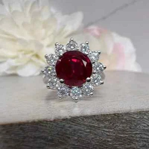 2.25 CT Naturale Rubino & Diamante Fidanzamento Anello 925 Argento Misura 7 - Foto 1 di 3