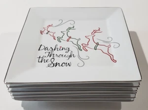 Eat Drink & Be Merry St. Nicholas Square Set SIX Dinner Plates Dashing Reindeer - Picture 1 of 4