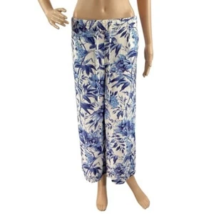 Per Se Linen Blend Wide Leg Crop Pants Blue Floral Print Medium - Picture 1 of 7