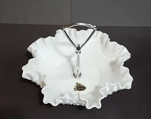 Vintage Fenton Candy Dish Hobnail White Milk Glass Ruffled Edge Silver Handle - Picture 1 of 4