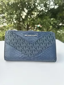Michael Kors Jet Set Travel Double Zip Wallet Wristlet Embossed Mk Logo Leather - Picture 1 of 13