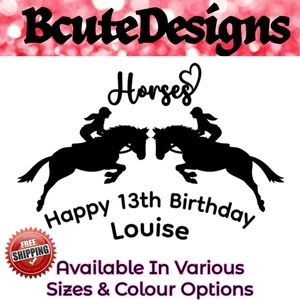 HORSES HAPPY BIRTHDAY ANY AGE NAME PERSONALISED VINYL DECAL TRANSFER STICKER - Picture 1 of 4