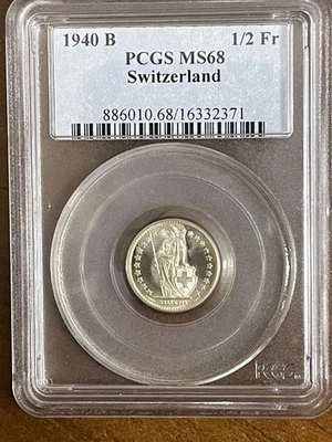 1940-B***SWITZERLAND 1/2 SILVER FRANC***PCGS MS68*** - Image 1 of 4