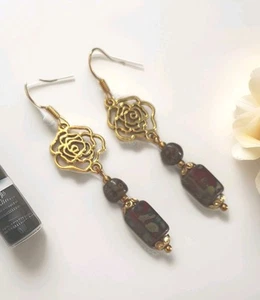 Vintage Style Mixed Colour Ceramic Bead earrings In Gold Plate.drop Dangle - Picture 1 of 6