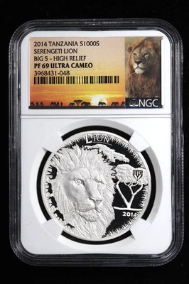 Tanzania Lion 1000 chelines 2014 1 oz .999 plata prueba NGC PF69 UCAM Foto 1 de 4
