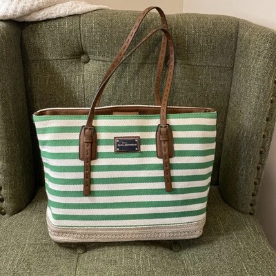 DANA BUCHMAN Green & White Striped Woven Handled Handbag Brown Leather - Image 1 of 4