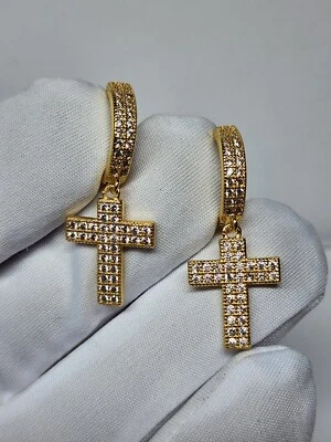 Gold, Silver Plated Hoop Cross Dangle Earrings With Cubic Zirconia Unisex HipHop - Image 1 of 4