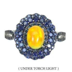 925 Anello Argento Sterling Ovale Opale di Fuoco 8x6mm Zaffiro Taglio Diamante - Foto 1 di 10