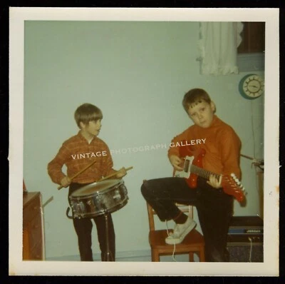 1960s Vintage Photo Boys With Electric Guitar Drums Musical Instruments - Image 1 of 2