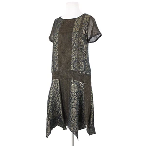 Anna Sui Sz 6 Black Gold Metallic Lined Aysmmetrical Rayon Silk Polyester Dress - Picture 1 of 24