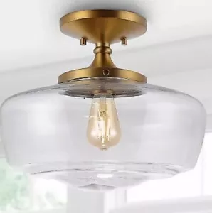 14" Marfa Glass/Iron Farmhouse Modern LED Flush Mount Brass - JONATHAN Y - Picture 1 of 2