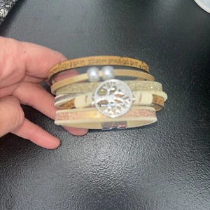 Kalifano Gold / Tan Tree of Life Braided Leather Multilayer Bracelet Cuff EUC 8” - Picture 1 of 5