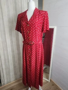 Leslie Fay Red white vtg  80s maxi shoulder pads brass button up belted dress 14 - Picture 1 of 13