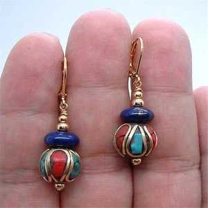Handmade Nepal Blue Natural lapis lazuli beads Gold Earrings Accessories Earlobe - Picture 1 of 1