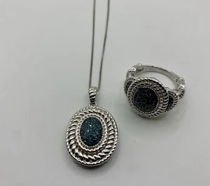 Affinity Blue Diamond Ring And Pendant Necklace Rope Border 925 Size 7 - Picture 1 of 13
