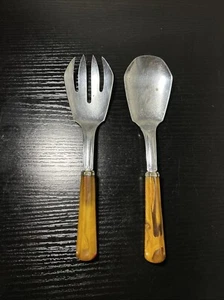 Vintage Art Deco Butterscotch Bakelite Handled Salad Spoon & Fork Serving Set - Picture 1 of 7