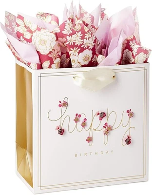 7" Medium Birthday Gift Bag with Pink Flowers & Tissue Paper - Image 1 of 4