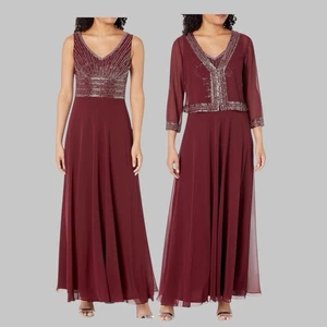 JKara Two Piece Beaded Bolero Jacket Maxi Dress Size 6P Cranaberry Holiday  - Picture 1 of 16