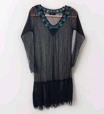 Vestido Johnny Was Biya Talla Pequeña Negro Azteca Bordado Malla Transparente Ligero Foto 1 de 4