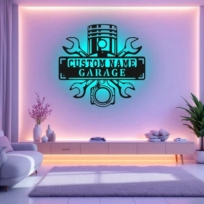 Custom Garage Name Metal Wall Art With LED Light Personalized Workshop Name Sign - Image 1 of 4