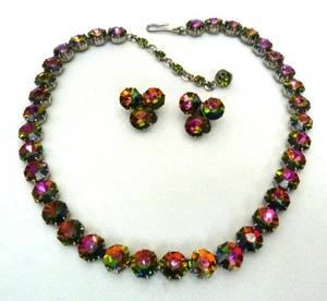 VINTAGE AUSTRIA PINK GREEN WATERMELON GLASS RHINESTONE NECKLACE EARRINGS SET - Picture 1 of 12
