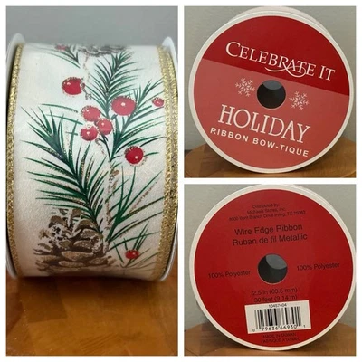 VTG Celebrate It Wired Christmas Ribbon Pine Cone On Branch Gold Red Holly NEW - Image 1 of 4