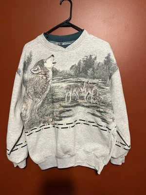 Moletom Vintage Arte Ilimitada Wolf Nature Grande RARO Estampa Total EUA - Imagem 1 de 4