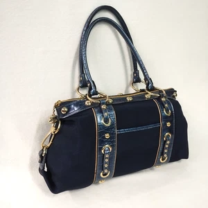 Borsa a tracolla Kathy Van Zeeland Med blu tela/stampa coccodrillo borchie 2 manici - Foto 1 di 21