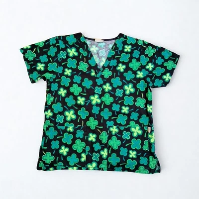 Tafford Women’s Scrub Top Green Four Leaf Clover Print V-Neck Short Sleeve - Image 1 of 3