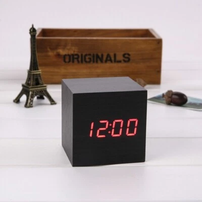 USB Square 60*60*60mm Digital LED Electronic Wooden  Sound Control Alarm Clock - Image 1 of 4