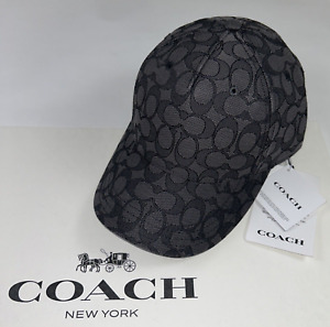 NWT $128 COACH Unisex M/L Black Jacquard SIGNATURE C Leather Strap Baseball Hat