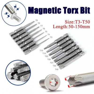 S2 Steel Magnetic Torx Bit Hex Shank Screwdriver Bits T3-T50 Length:50-150mm - Image 1 of 4