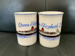 Pair Sherwood England Cunard Queen Elizabeth II QE2 Cruise Liner Porcelain Mug - Picture 1 of 7