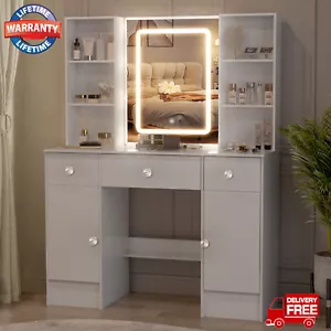Dressing Table W/ LED Lights Mirror And Stool Vanity Table Makeup Desk 3 Drawer - Picture 1 of 18