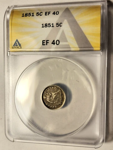 RARE 1851 SEATED LIBERTY HALF DIME 5C ANACS EF40  Beautiful Rare High Grade Coin Cover