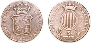 Spain 1837 3 Quarts Copper VF - Picture 1 of 1