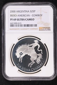 2000 ARGENTINA SILVER 25 PESOS COWBOY - NGC PF 69 ULTRA CAMEO - Picture 1 of 6