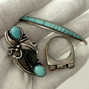 2 Sterling Native American Rings & Cuff Bracelet Turquoise & Coral ~ Need Repair - Picture 1 of 21
