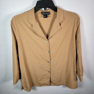 Karen Arnold Women's Golden Yellow 100% Silk 3/4 Sleeve Slit Buttons Up Shirt L - Picture 1 of 5