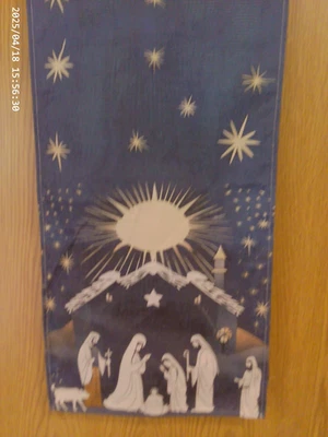New Linen Blue & White Nativity Scene With Tan Stars Table Runner 13 X 48 - Image 1 of 4