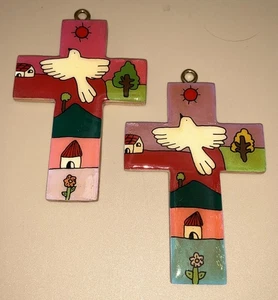 Hand Painted Pair of Wooden Cross Tree Ornaments 4.75" Souvenir of Mexico - Picture 1 of 7