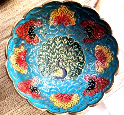 Brass Peacock Painted Bowl Artsy Colorful Trinket Key - Image 1 of 4