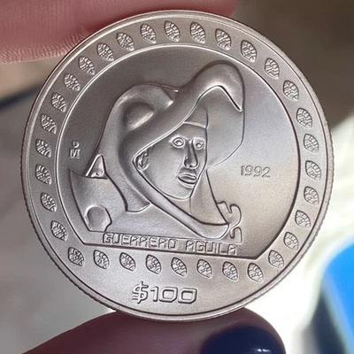 MESSICO 100 PESOS 1992 GUERRERO AGUILA 1 ONCIA OZ ARGENTO SILVER PURO 999 FS - Immagine 1 di 4