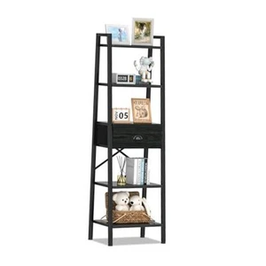 5 Tier Bookshelf, Ladder Shelf with Drawer, Tall and Narrow 5-Tier Black Oak - Picture 1 of 8