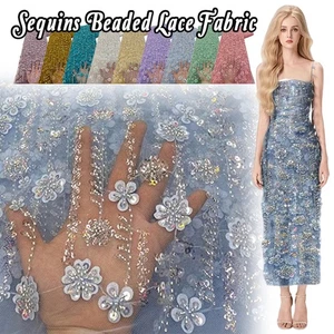 Sequins Beaded Lace Fabric Tulle Embroidery Dress Sewing Glitter Cloth Material - Picture 1 of 17