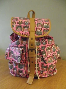 FASHION ONLY Rucksack NWT Pink/Brown/Orange/White Owl Print Canvas Back Pack - Picture 1 of 7